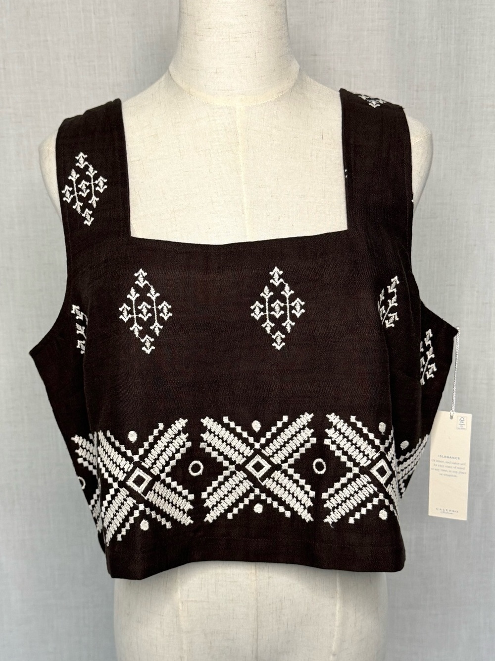 Calypso St. Barth Embroidered Linen Blend Crop Tank Brown Ivory NWT Size L